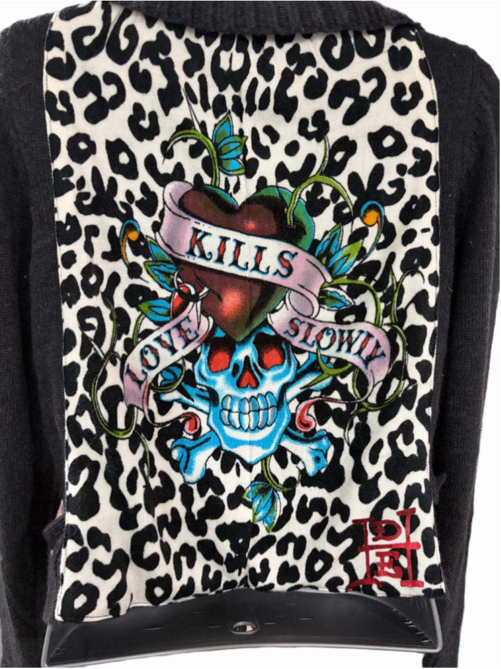 Ed Hardy Y2K Angora Cardigan Love Kills Slowly Skull Leopard Tie Waist X-Large